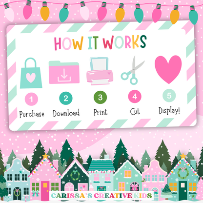 Step-by-step guide showing how to use the printable Christmas village bulletin board kit — purchase, download, print, cut, and display festive classroom decor with ease.