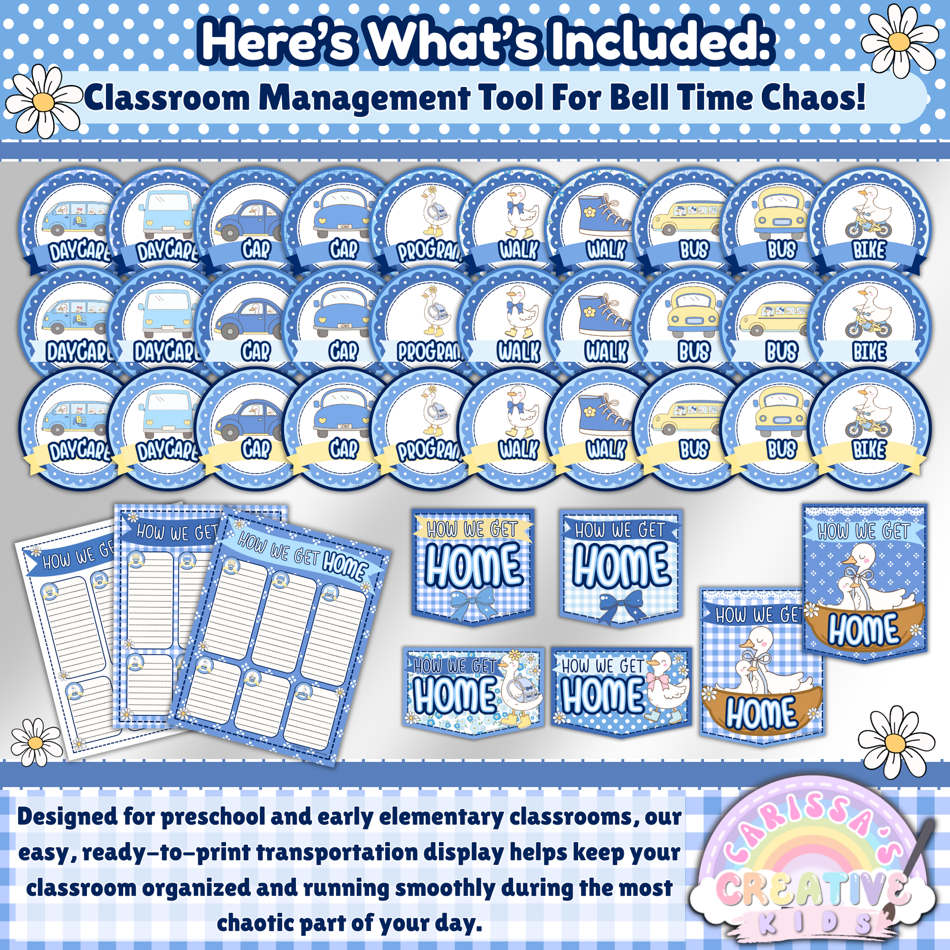Full set of How We Get Home display cards for classroom organization – includes 6 title signs, 10 transportation icons in 3 styles, and name pages for dismissal tracking.