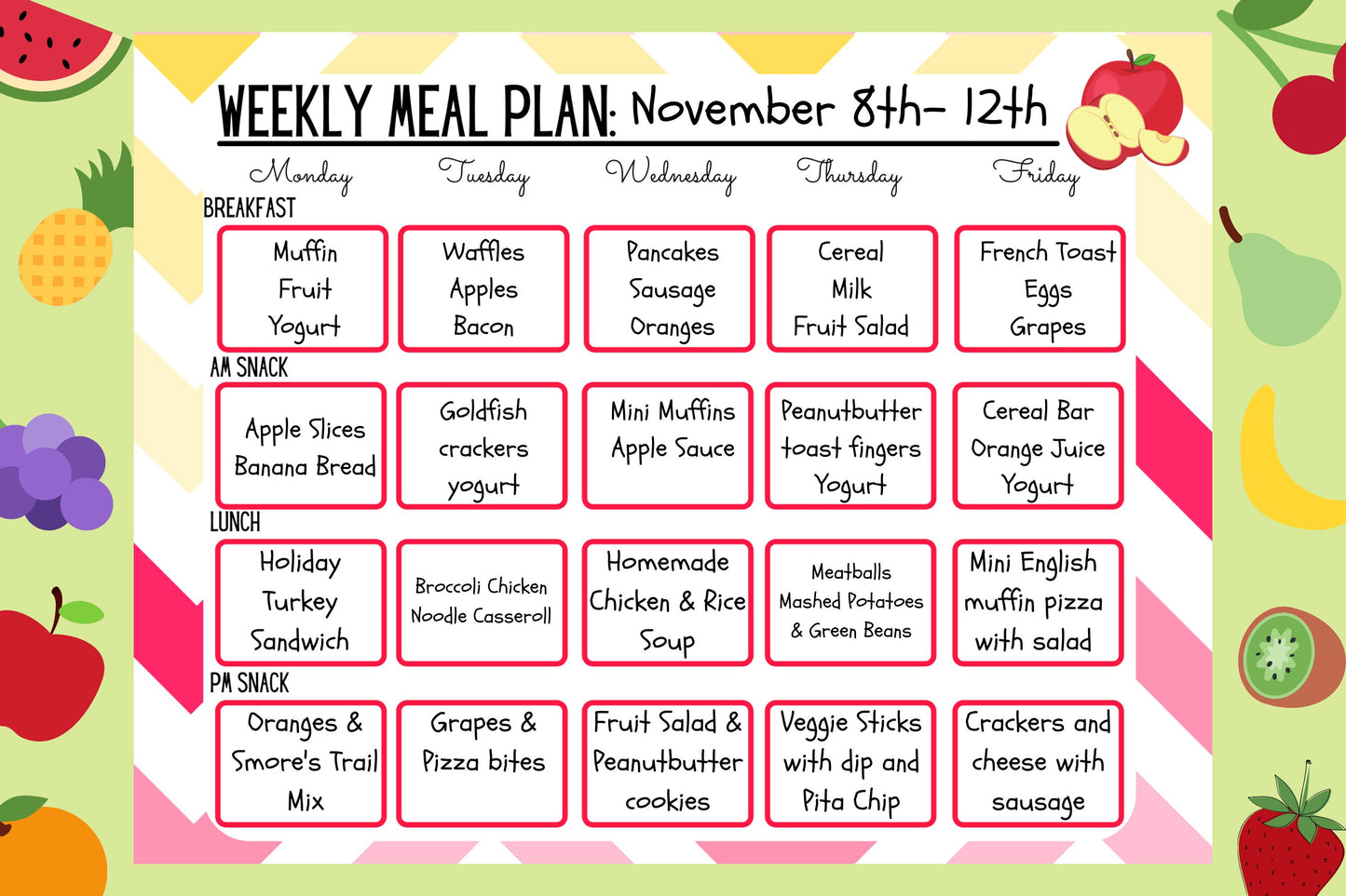 Editable Daycare Meal Planner | Childcare Menu Planner | Home Daycare Menu Template | 8 Colorful Fruity Designs | Childcare Printable