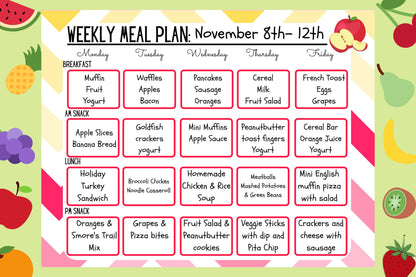Editable Daycare Meal Planner | Childcare Menu Planner | Home Daycare Menu Template | 8 Colorful Fruity Designs | Childcare Printable