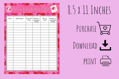 Valentines Day Themed Sign in and out sheets for your home daycare, school or childcare. 25 colorful designs Instant download, printable PDF