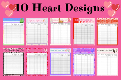 Valentines Day Themed Sign in and out sheets for your home daycare, school or childcare. 25 colorful designs Instant download, printable PDF