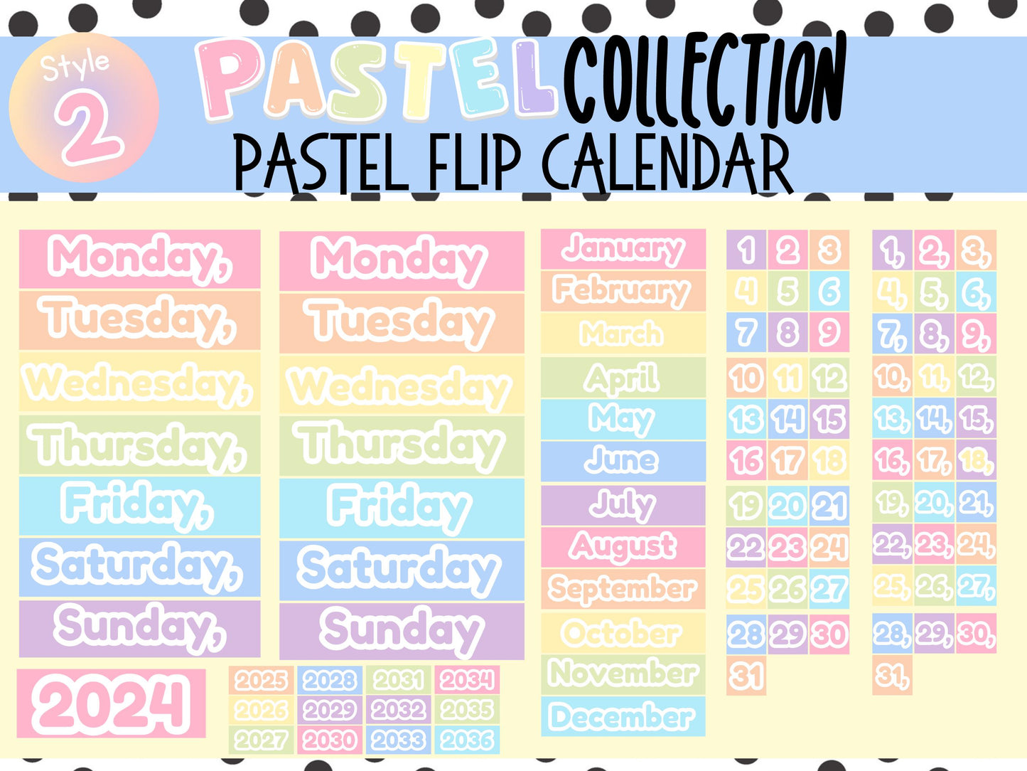 Pastel Flip Calendar | Printable Desk Calendar | Rainbow & Solid Pastel Styles | Classroom or Workplace Flip Calendar | Pastel Theme Daycare