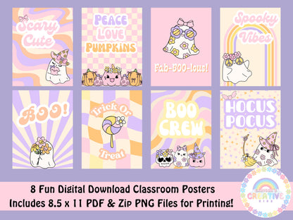 Retro Cute Halloween Classroom Posters | Pastel Bulletin Board Kit | Preschool | Daycare | Halloween Classroom Decor | Fall Bulletin Board