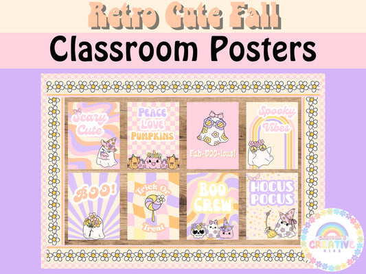 Retro Cute Halloween Classroom Posters | Pastel Bulletin Board Kit | Preschool | Daycare | Halloween Classroom Decor | Fall Bulletin Board