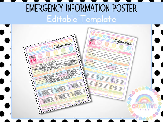 Emergency Information Poster | Home daycare, Daycare Center, Childcare, Preschool | Be Safety Prepared in your Childcare | Editable Template