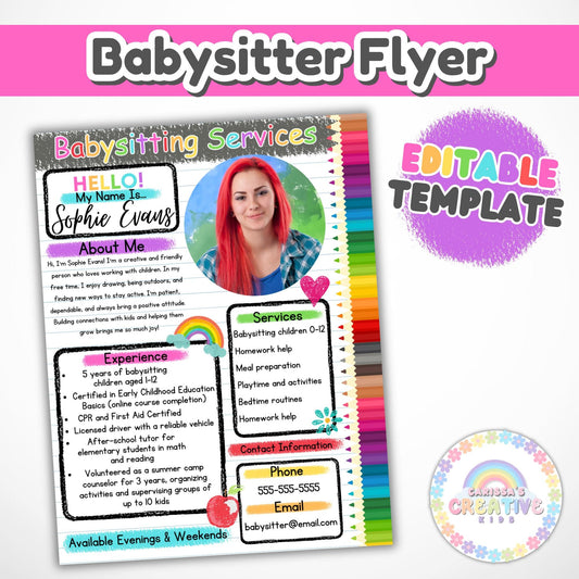 Editable Babysitting Flyer Digital Download Canva Template | Customizable Nanny Flyer & Tutoring Flyer Babysitter flyer template