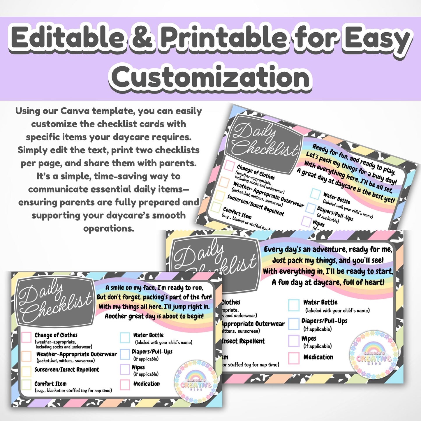 Daycare Forms! Daily Check List Editable Template | Organize Your Childcare! Printable Supply Reminder for Parents. Easy to Edit with Canva