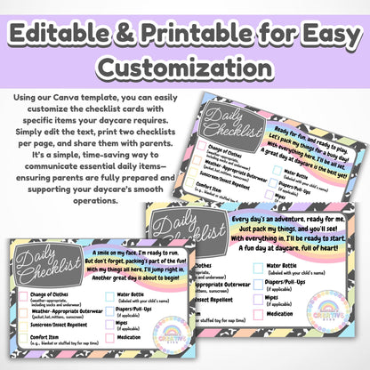 Daycare Forms! Daily Check List Editable Template | Organize Your Childcare! Printable Supply Reminder for Parents. Easy to Edit with Canva