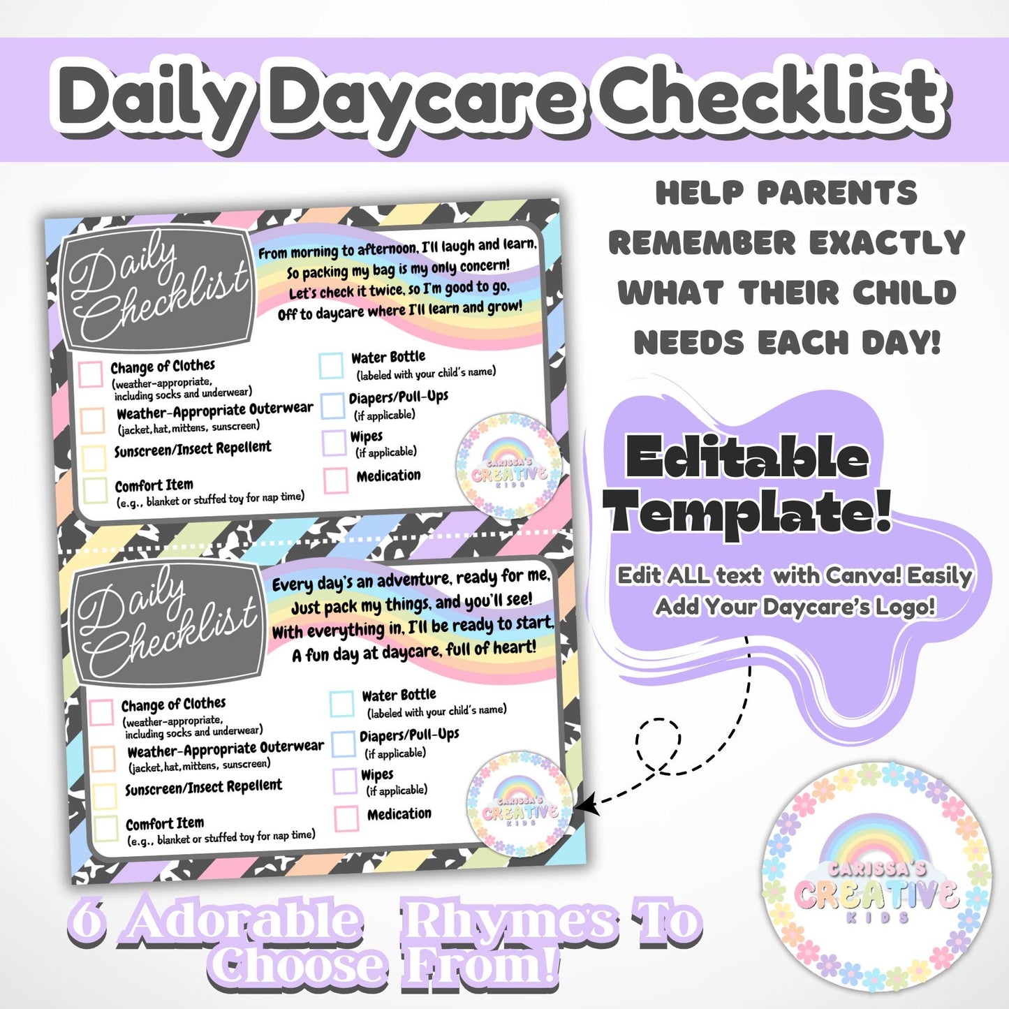 Daycare Forms! Daily Check List Editable Template | Organize Your Childcare! Printable Supply Reminder for Parents. Easy to Edit with Canva