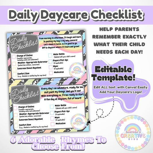Daycare Forms! Daily Check List Editable Template | Organize Your Childcare! Printable Supply Reminder for Parents. Easy to Edit with Canva