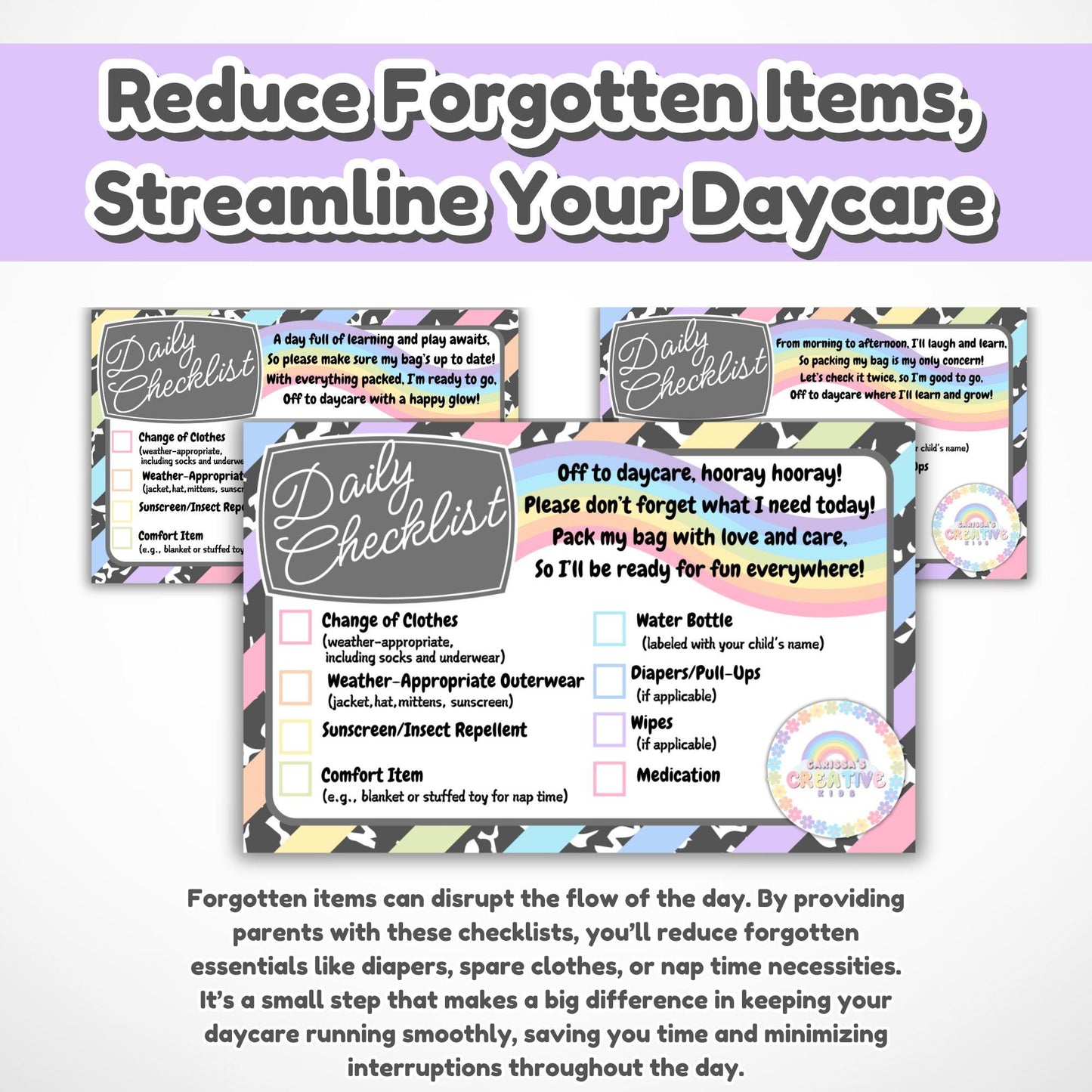 Daycare Forms! Daily Check List Editable Template | Organize Your Childcare! Printable Supply Reminder for Parents. Easy to Edit with Canva