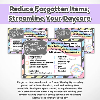 Daycare Forms! Daily Check List Editable Template | Organize Your Childcare! Printable Supply Reminder for Parents. Easy to Edit with Canva