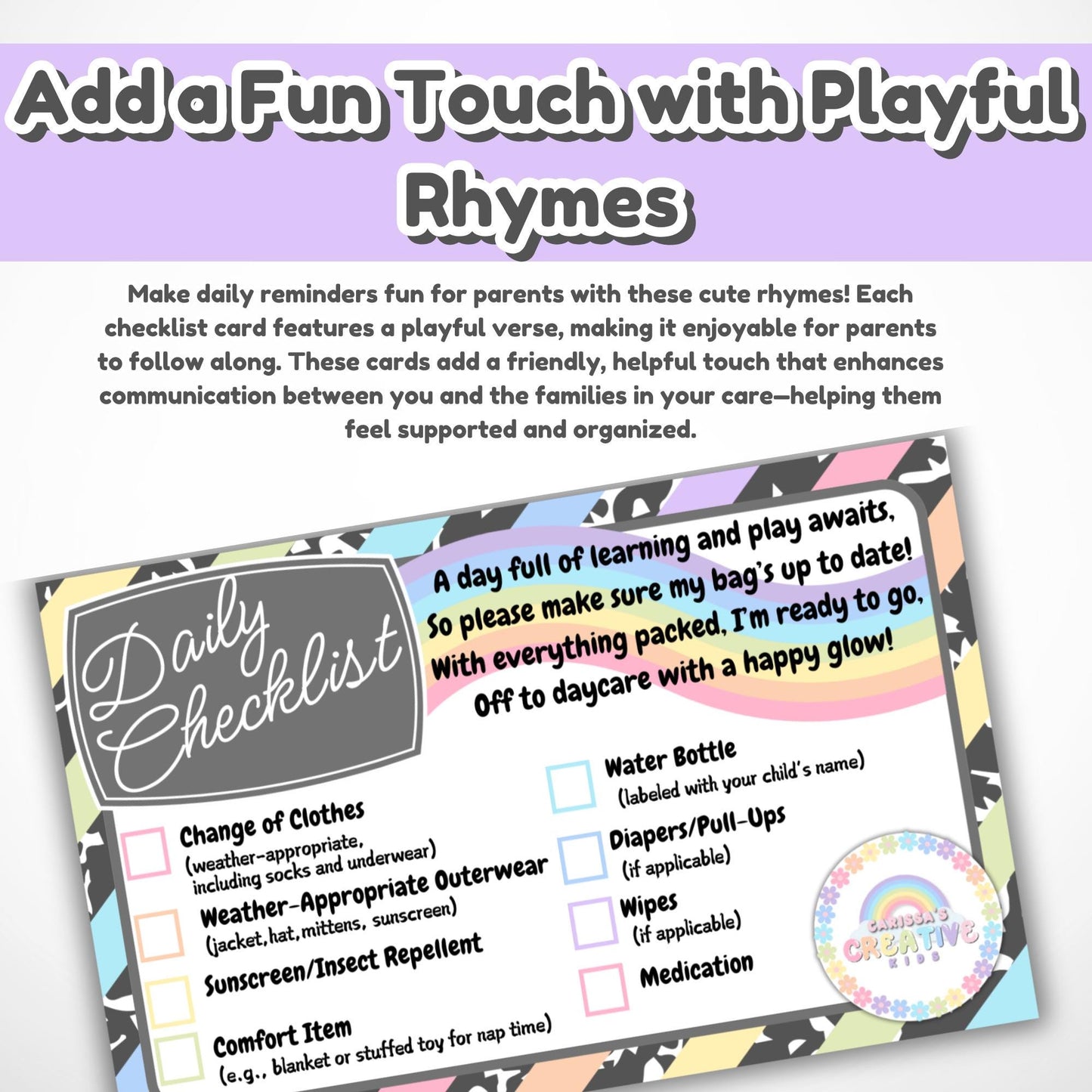 Daycare Forms! Daily Check List Editable Template | Organize Your Childcare! Printable Supply Reminder for Parents. Easy to Edit with Canva