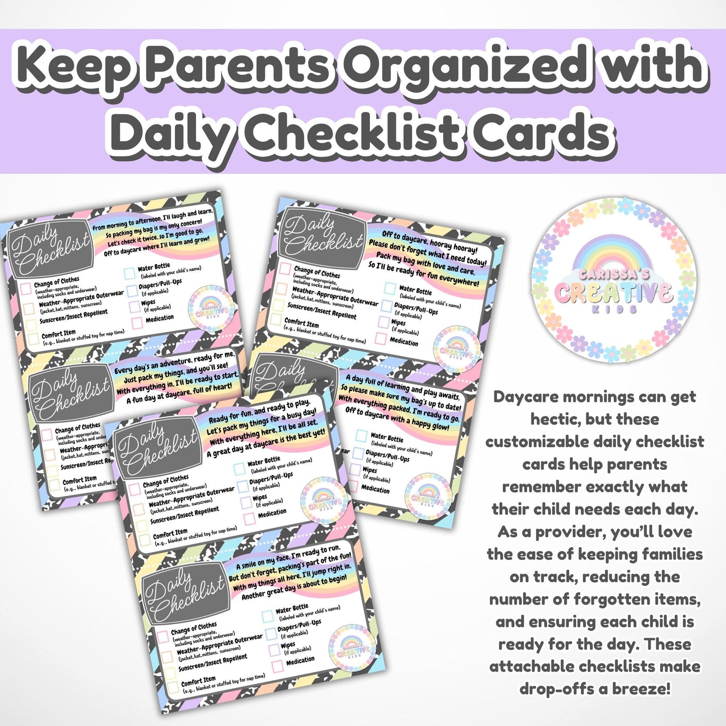 Daycare Forms! Daily Check List Editable Template | Organize Your Childcare! Printable Supply Reminder for Parents. Easy to Edit with Canva
