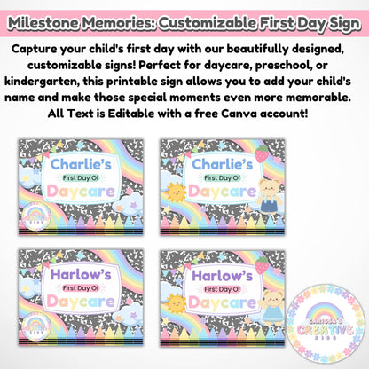 Editable First Day of Daycare Sign Template, Personalized Back to School Photo Prop, Printable First Day of School, Instant Download Forms