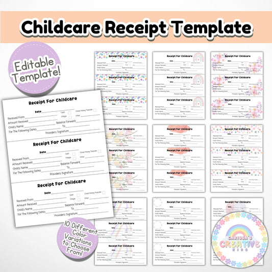 Daycare Forms- Editable Receipt Template | Daycare Tax Receipts | Receipt Template | Daycare Receipt Designs | Childcare  | Babysitter