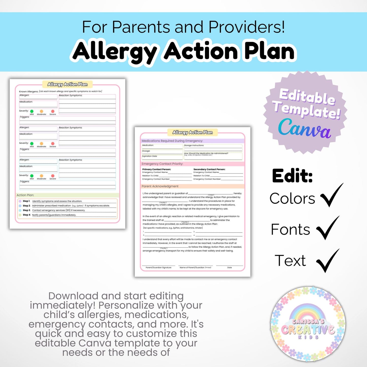 Daycare Forms Allergy Action Plan | Medical Forms for Childcare Centers, Home Daycare Providers | Classroom Medical Form | Allergy Procedure
