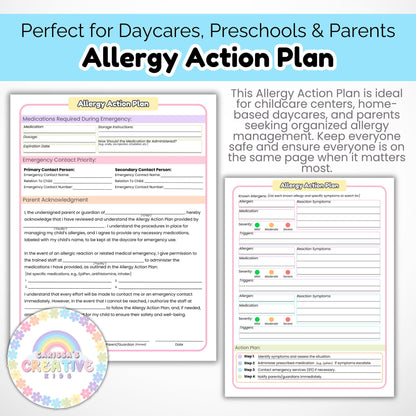 Daycare Forms Allergy Action Plan | Medical Forms for Childcare Centers, Home Daycare Providers | Classroom Medical Form | Allergy Procedure