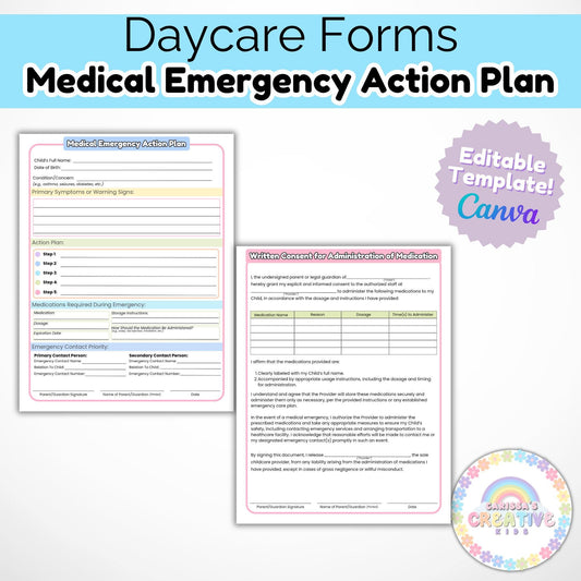 Daycare Forms- Medical Emergency Action Plan | Childcare Emergency Preparedness Medical Forms & Consent