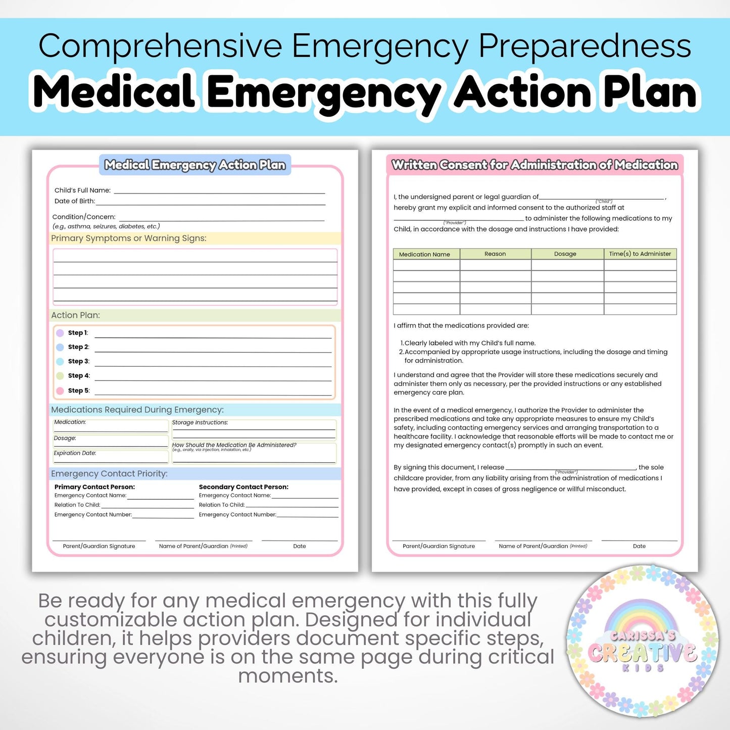 Daycare Forms- Medical Emergency Action Plan | Childcare Emergency Preparedness Medical Forms & Consent