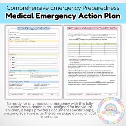 Daycare Forms- Medical Emergency Action Plan | Childcare Emergency Preparedness Medical Forms & Consent