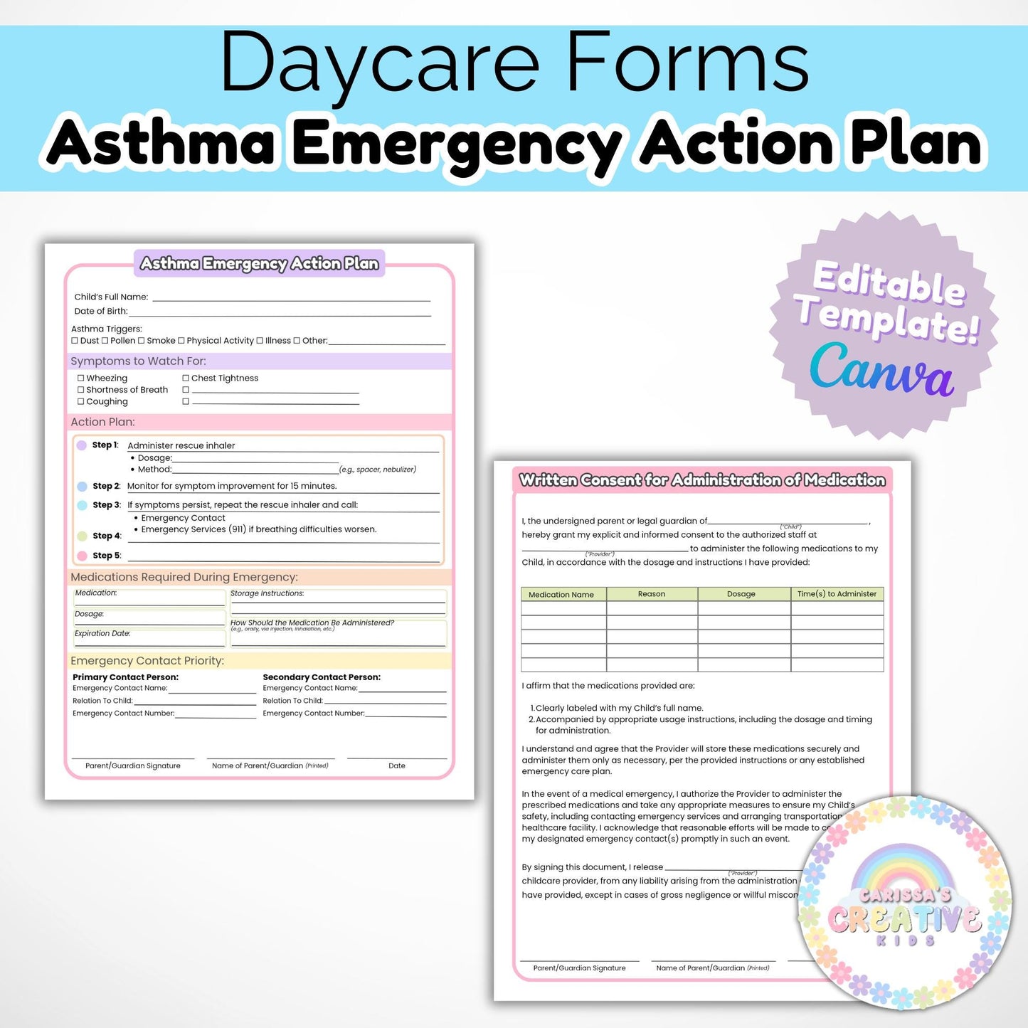 Daycare Forms- Asthma Emergency Action Plan Editable Template home daycare forms special education Preschool Printables