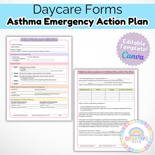 Daycare Forms- Asthma Emergency Action Plan Editable Template home daycare forms special education Preschool Printables