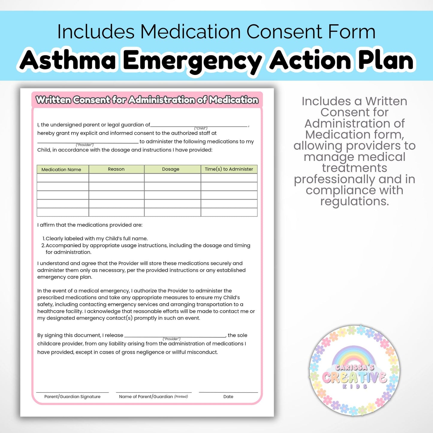 Daycare Forms- Asthma Emergency Action Plan Editable Template home daycare forms special education Preschool Printables