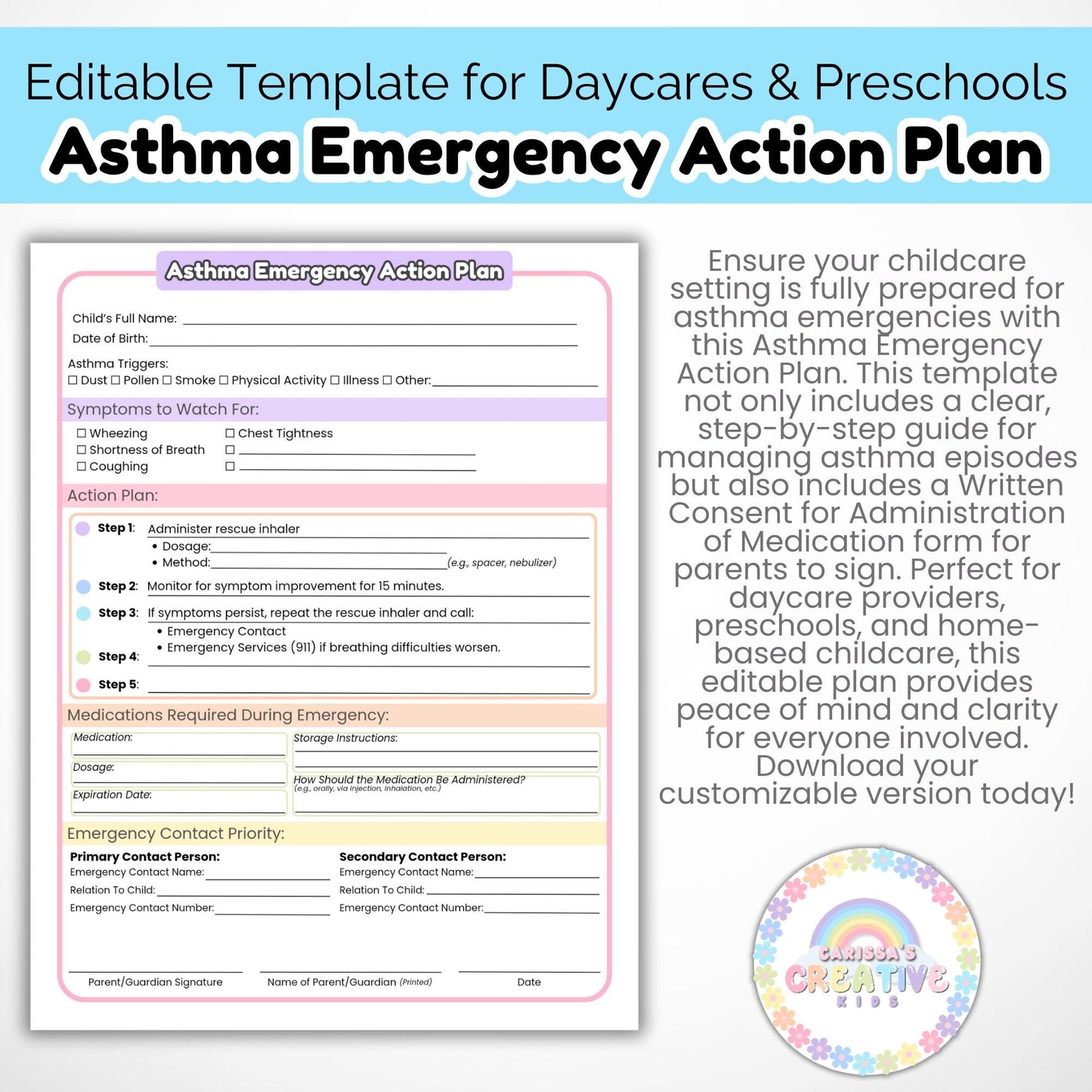 Daycare Forms- Asthma Emergency Action Plan Editable Template home daycare forms special education Preschool Printables