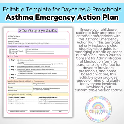 Daycare Forms- Asthma Emergency Action Plan Editable Template home daycare forms special education Preschool Printables
