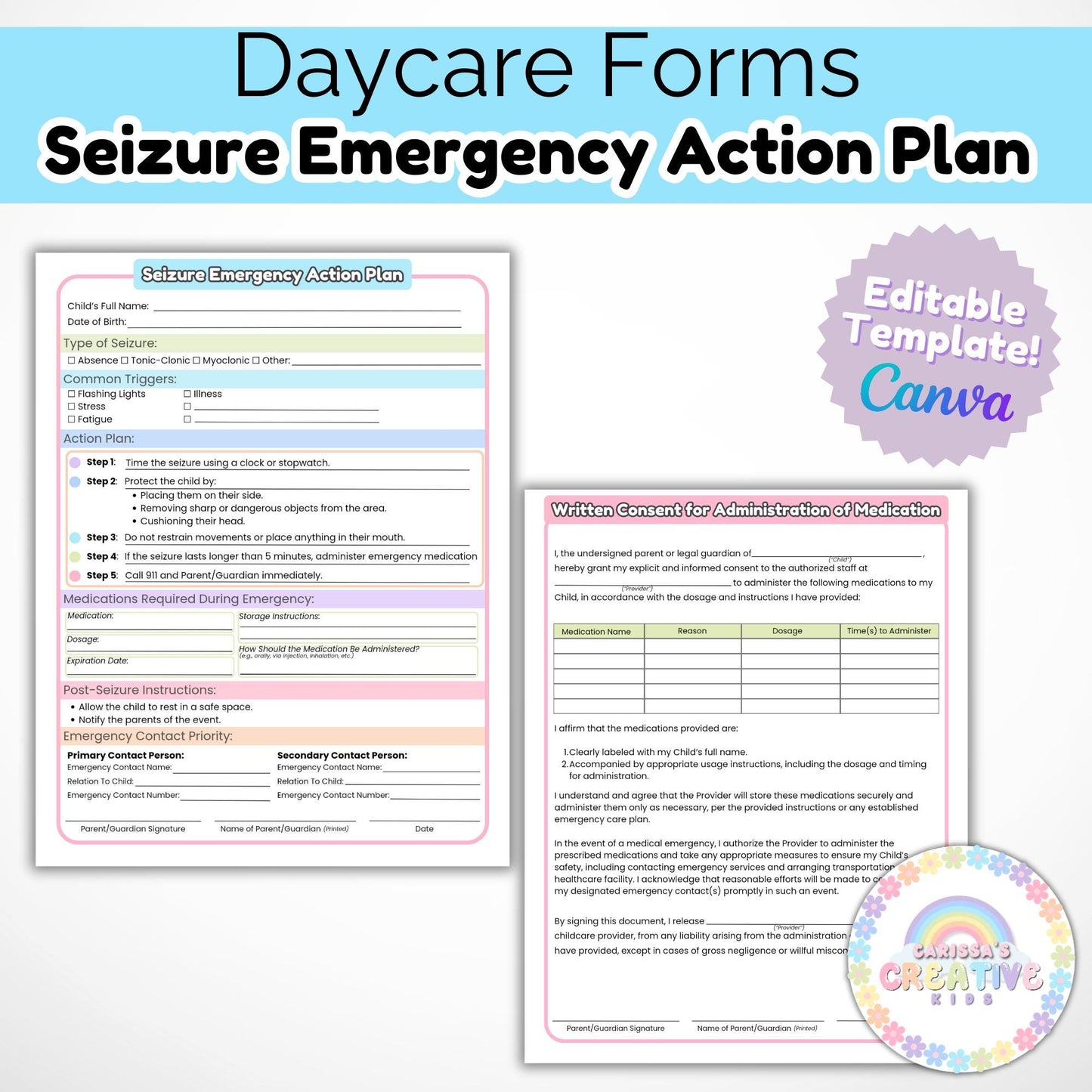 Daycare Forms- Seizure Emergency Action Plan | Childcare Contract Forms For your In home Daycare, Preschool or Daycare Center