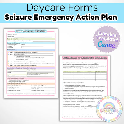 Daycare Forms- Seizure Emergency Action Plan | Childcare Contract Forms For your In home Daycare, Preschool or Daycare Center