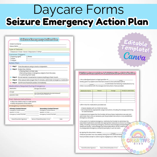 Daycare Forms- Seizure Emergency Action Plan | Childcare Contract Forms For your In home Daycare, Preschool or Daycare Center