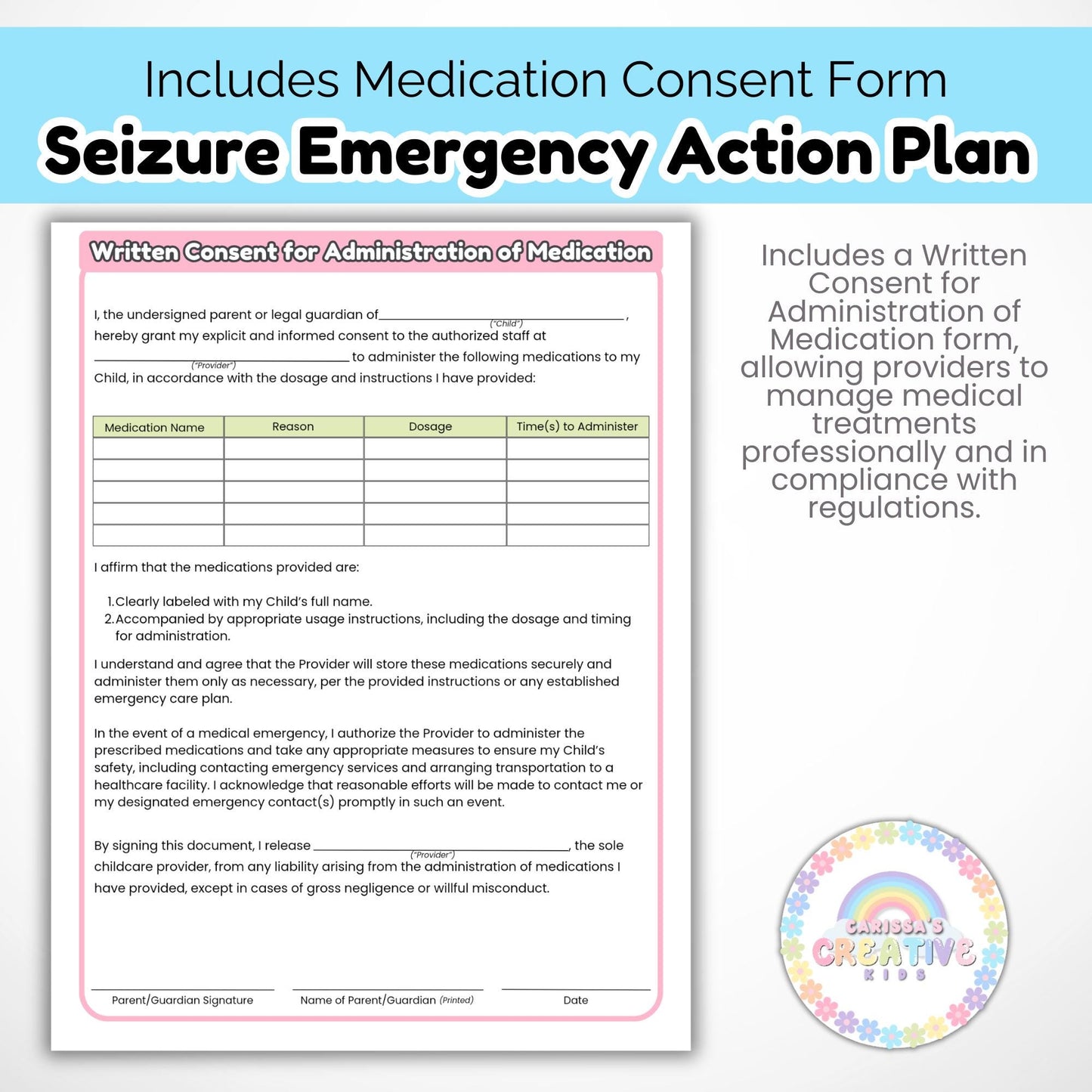 Daycare Forms- Seizure Emergency Action Plan | Childcare Contract Forms For your In home Daycare, Preschool or Daycare Center