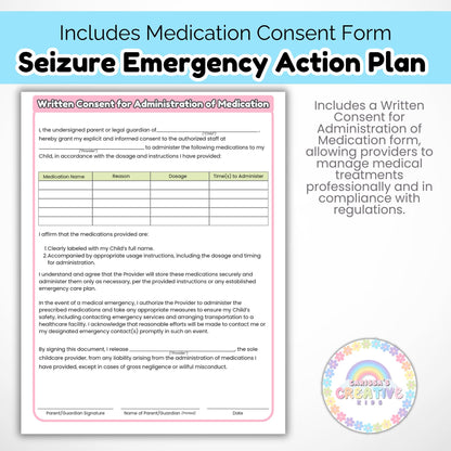 Daycare Forms- Seizure Emergency Action Plan | Childcare Contract Forms For your In home Daycare, Preschool or Daycare Center