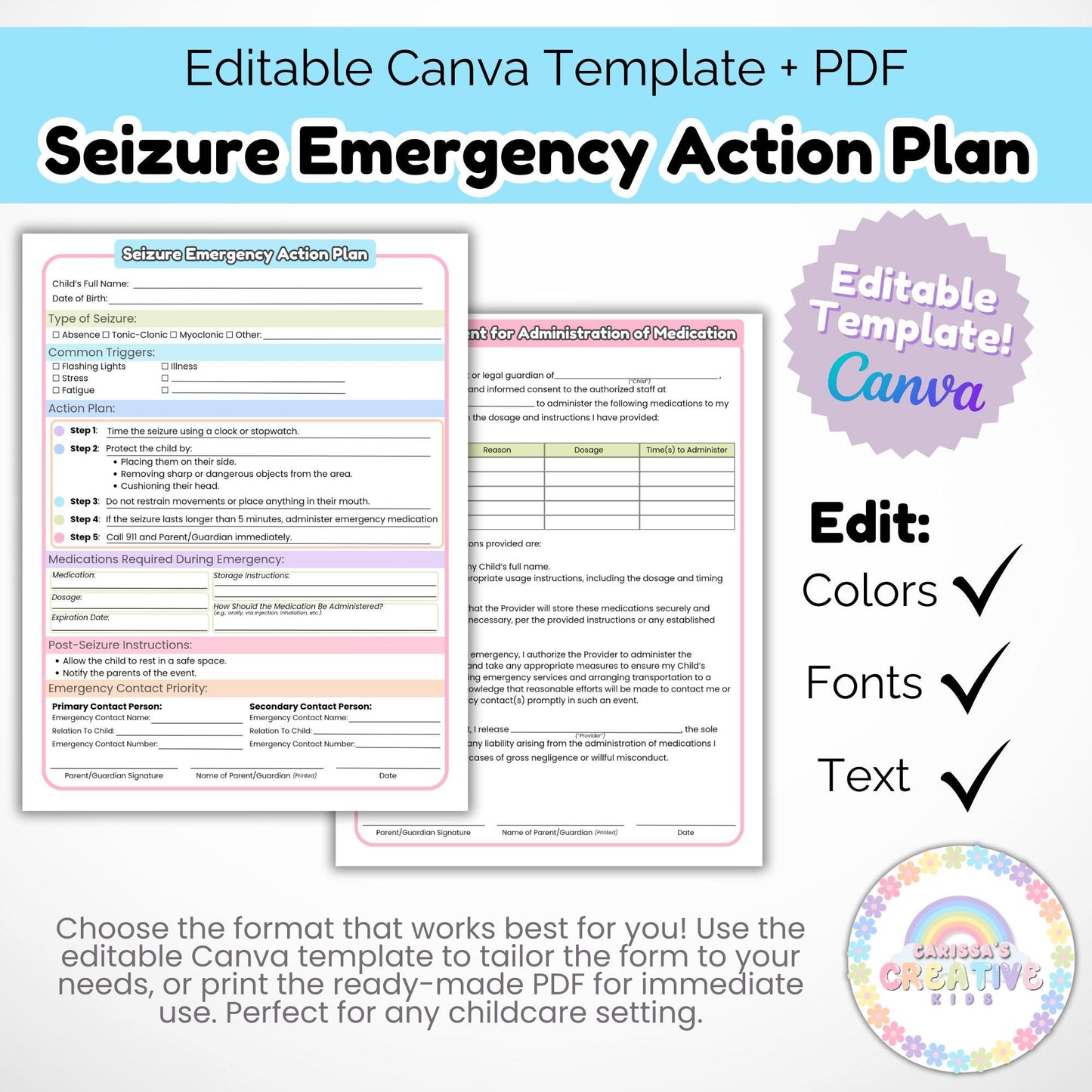 Daycare Forms- Seizure Emergency Action Plan | Childcare Contract Forms For your In home Daycare, Preschool or Daycare Center