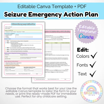 Daycare Forms- Seizure Emergency Action Plan | Childcare Contract Forms For your In home Daycare, Preschool or Daycare Center