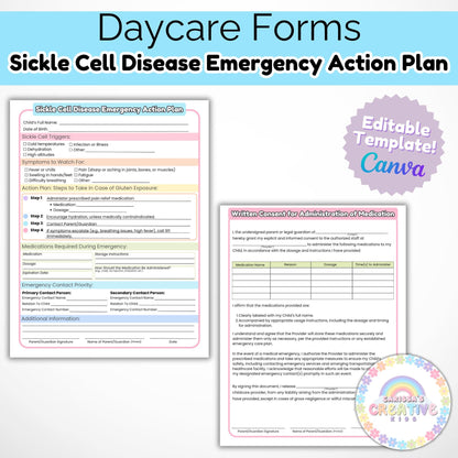 Daycare Forms- Sickle Cell Disease Emergency Action Plan Editable Template