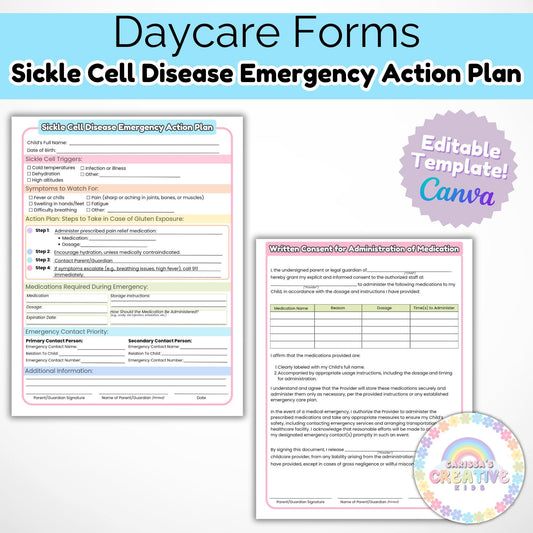 Daycare Forms- Sickle Cell Disease Emergency Action Plan Editable Template