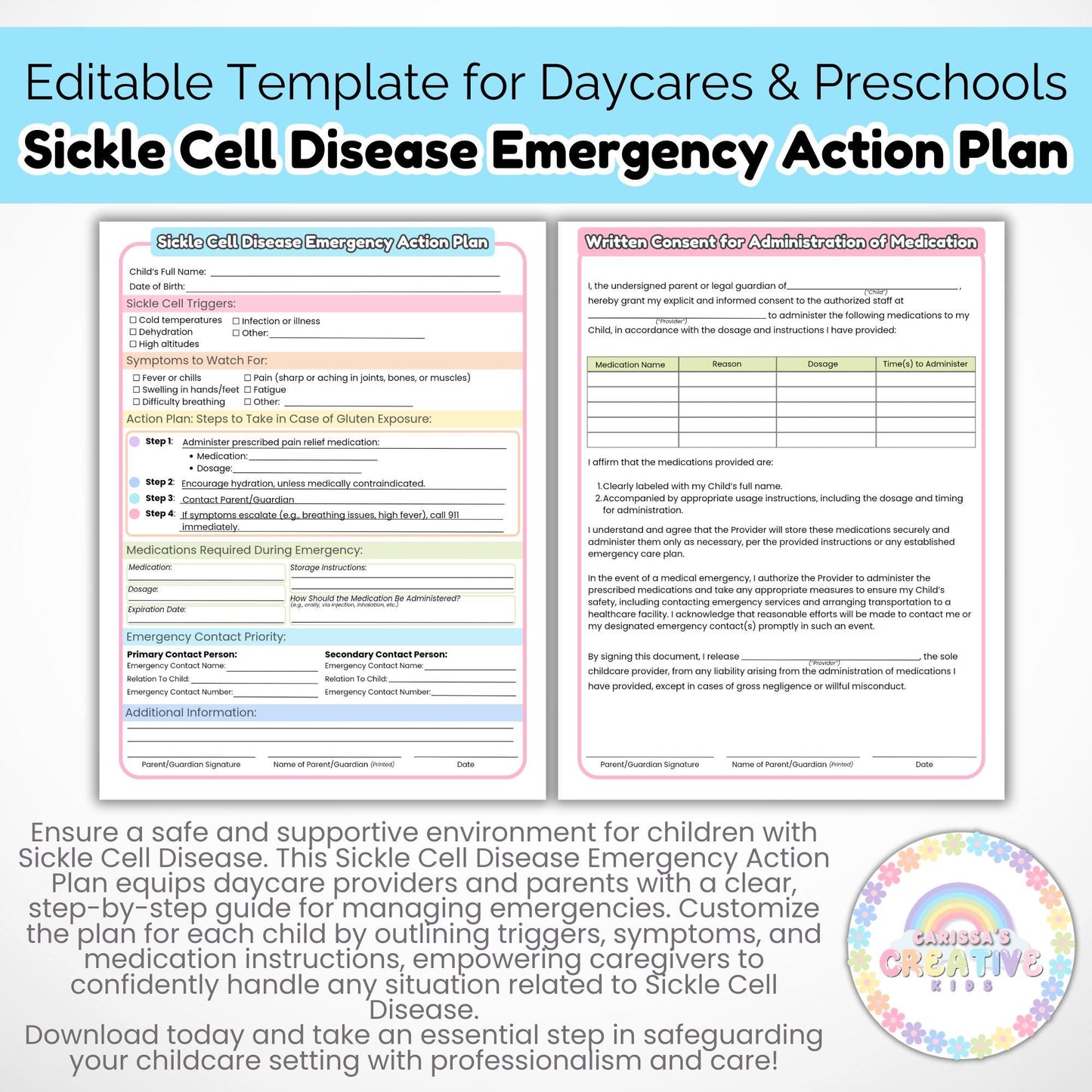 Daycare Forms- Sickle Cell Disease Emergency Action Plan Editable Template
