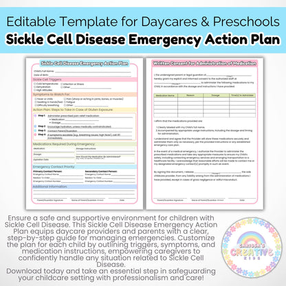 Daycare Forms- Sickle Cell Disease Emergency Action Plan Editable Template