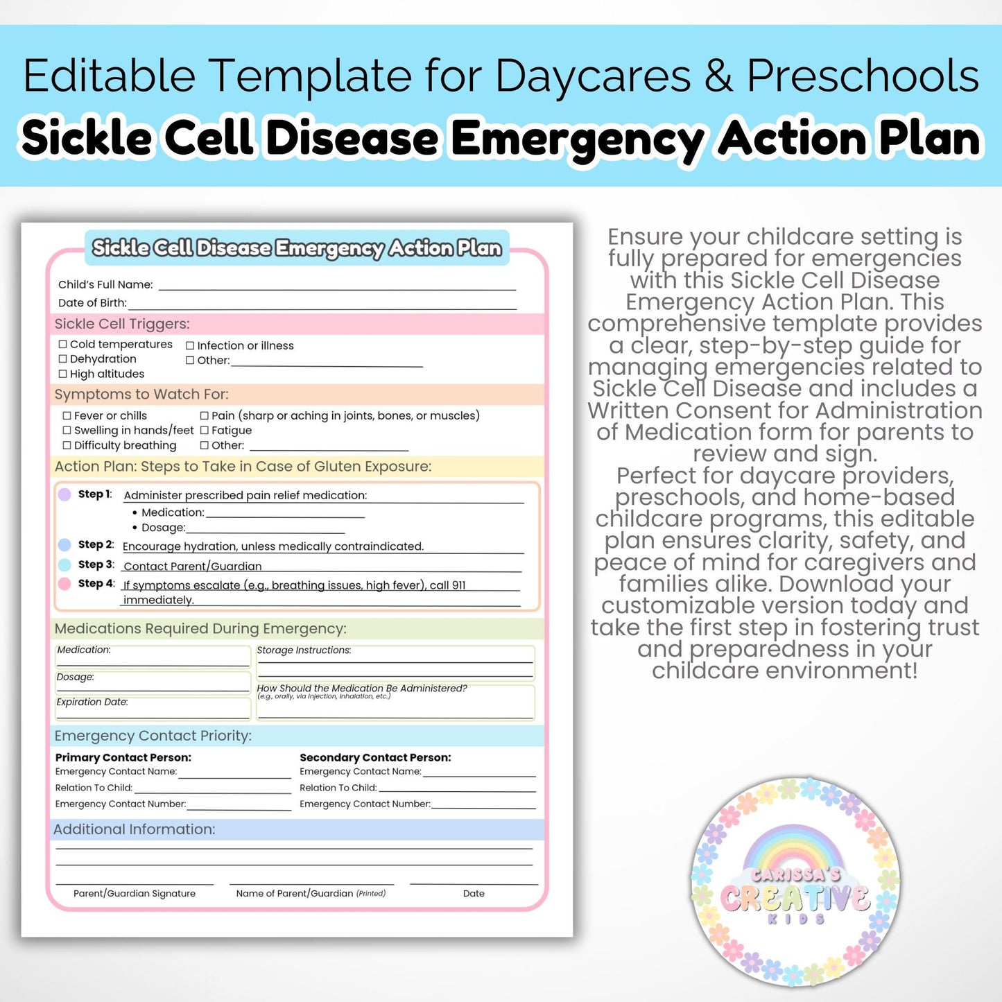 Daycare Forms- Sickle Cell Disease Emergency Action Plan Editable Template
