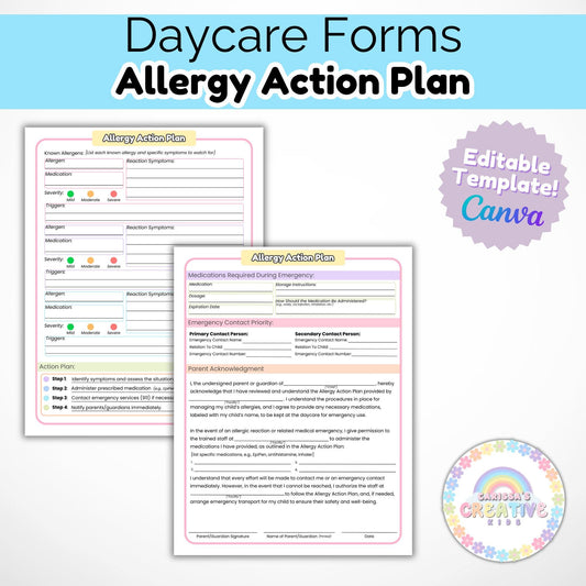 Daycare Forms Allergy Action Plan | Medical Forms for Childcare Centers, Home Daycare Providers | Classroom Medical Form | Allergy Procedure