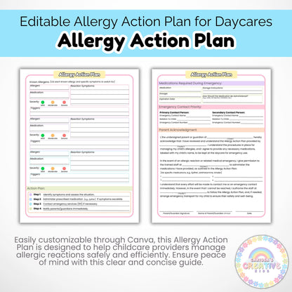 Daycare Forms Allergy Action Plan | Medical Forms for Childcare Centers, Home Daycare Providers | Classroom Medical Form | Allergy Procedure