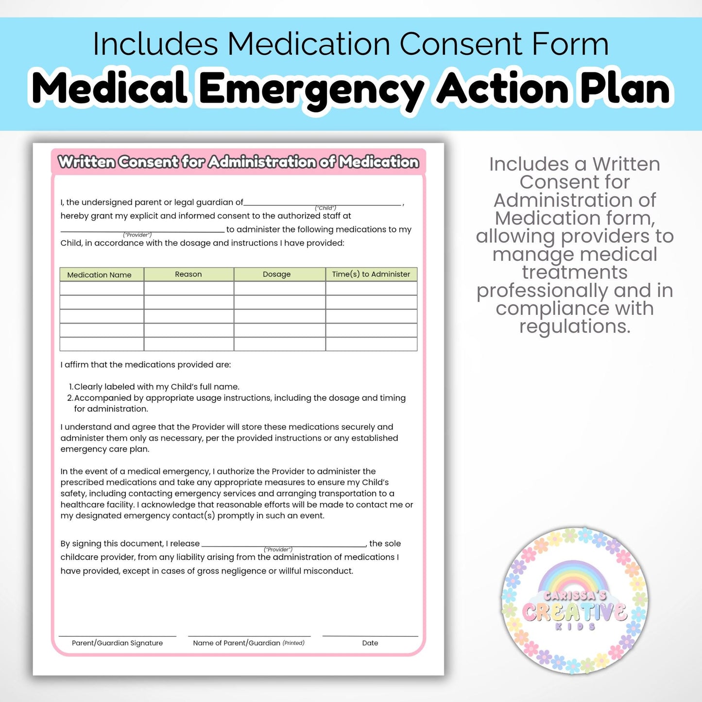 Daycare Forms- Medical Emergency Action Plan | Childcare Emergency Preparedness Medical Forms & Consent