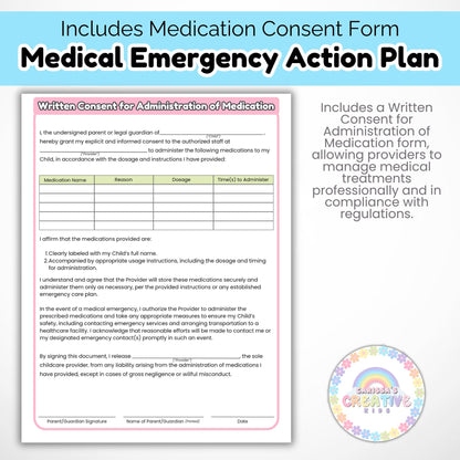 Daycare Forms- Medical Emergency Action Plan | Childcare Emergency Preparedness Medical Forms & Consent
