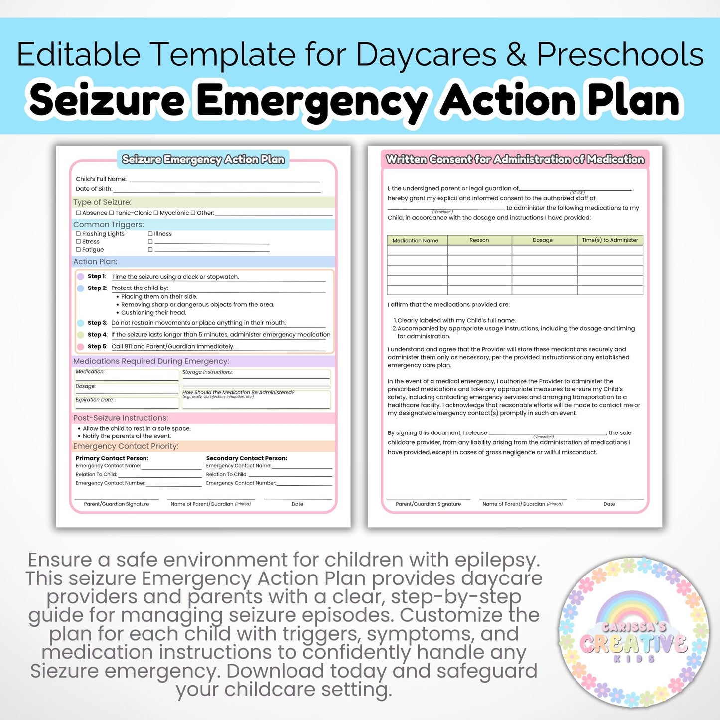 Daycare Forms- Seizure Emergency Action Plan | Childcare Contract Forms For your In home Daycare, Preschool or Daycare Center