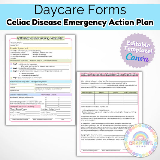 Daycare Forms- Celiac Disease Emergency Action Plan Editable Template
