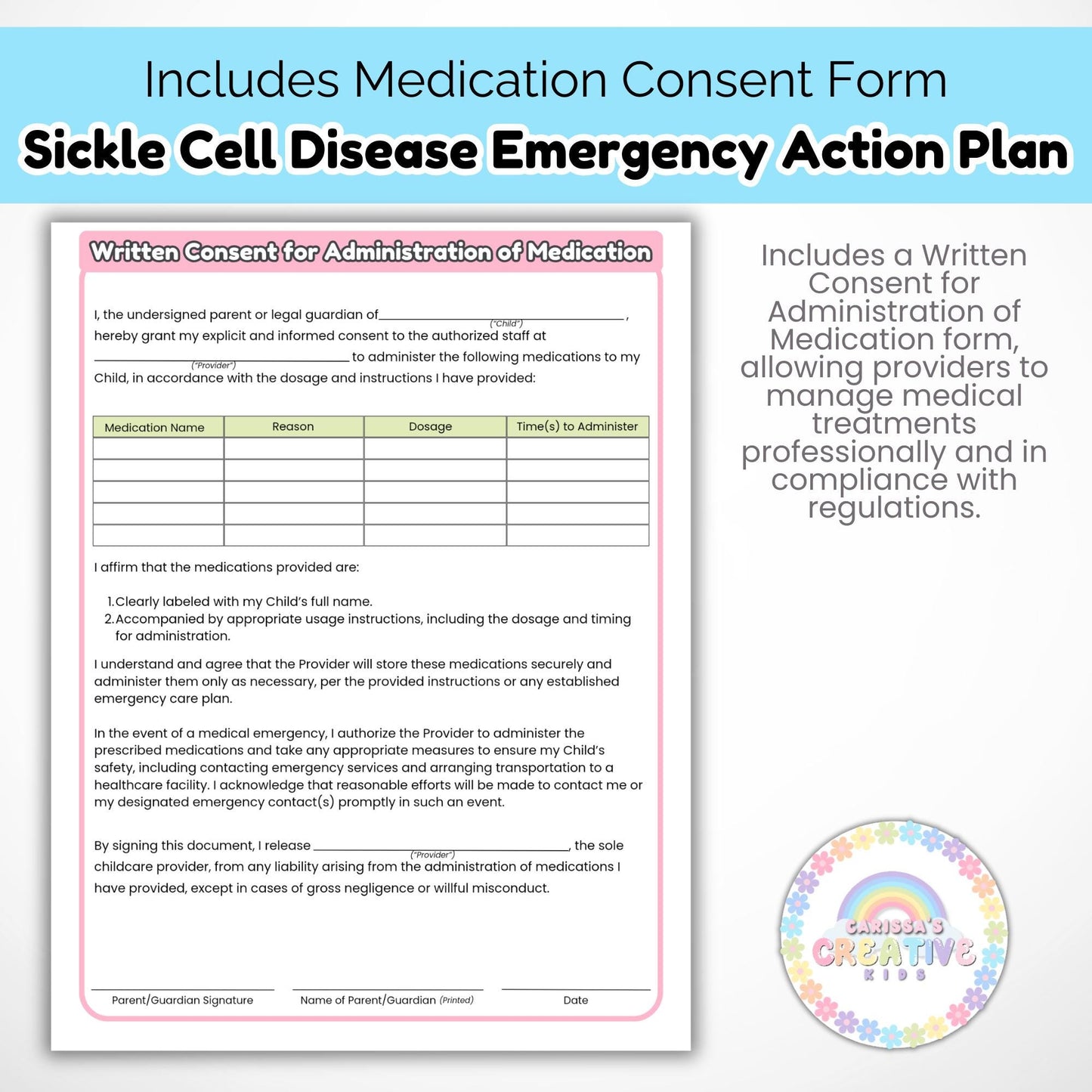 Daycare Forms- Sickle Cell Disease Emergency Action Plan Editable Template
